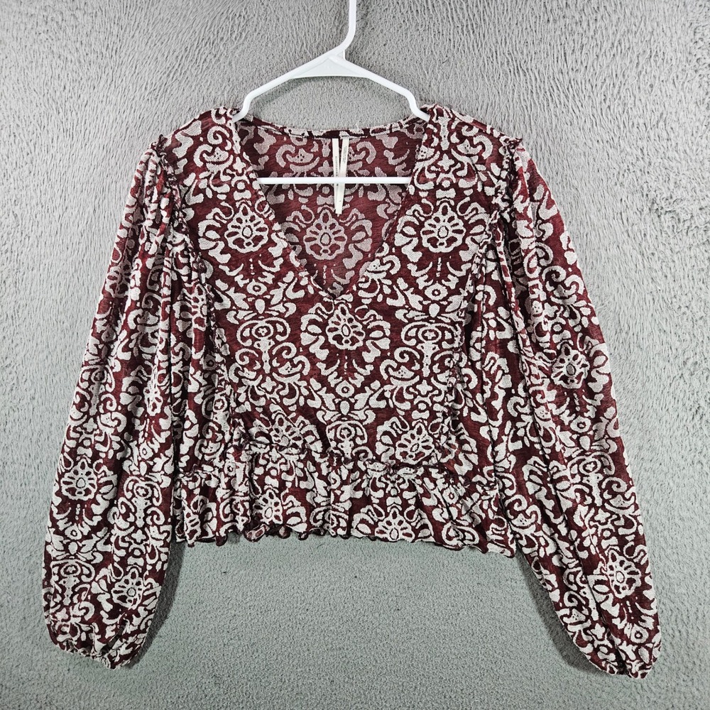 Anthropologie Damask Print V-Neck Crop Top Burgundy Balloon Sleeve Peplum Large